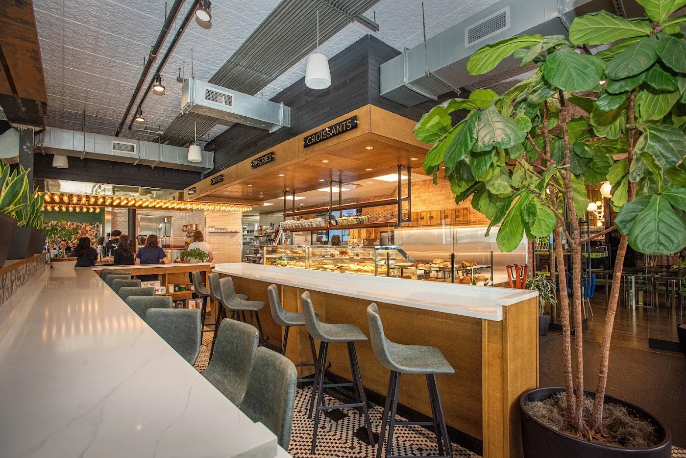 The Great Commoner's bright dining room with marble counters, green chairs and leafy plants